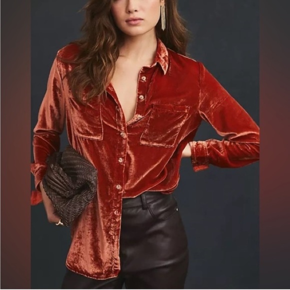 Anthropologie Pilcro Mara Relaxed Button down Shirt Velvet Orange MP - Picture 1 of 4